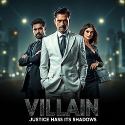 An intense and dramatic film poster for an action crime movie titled 'VILLAIN'