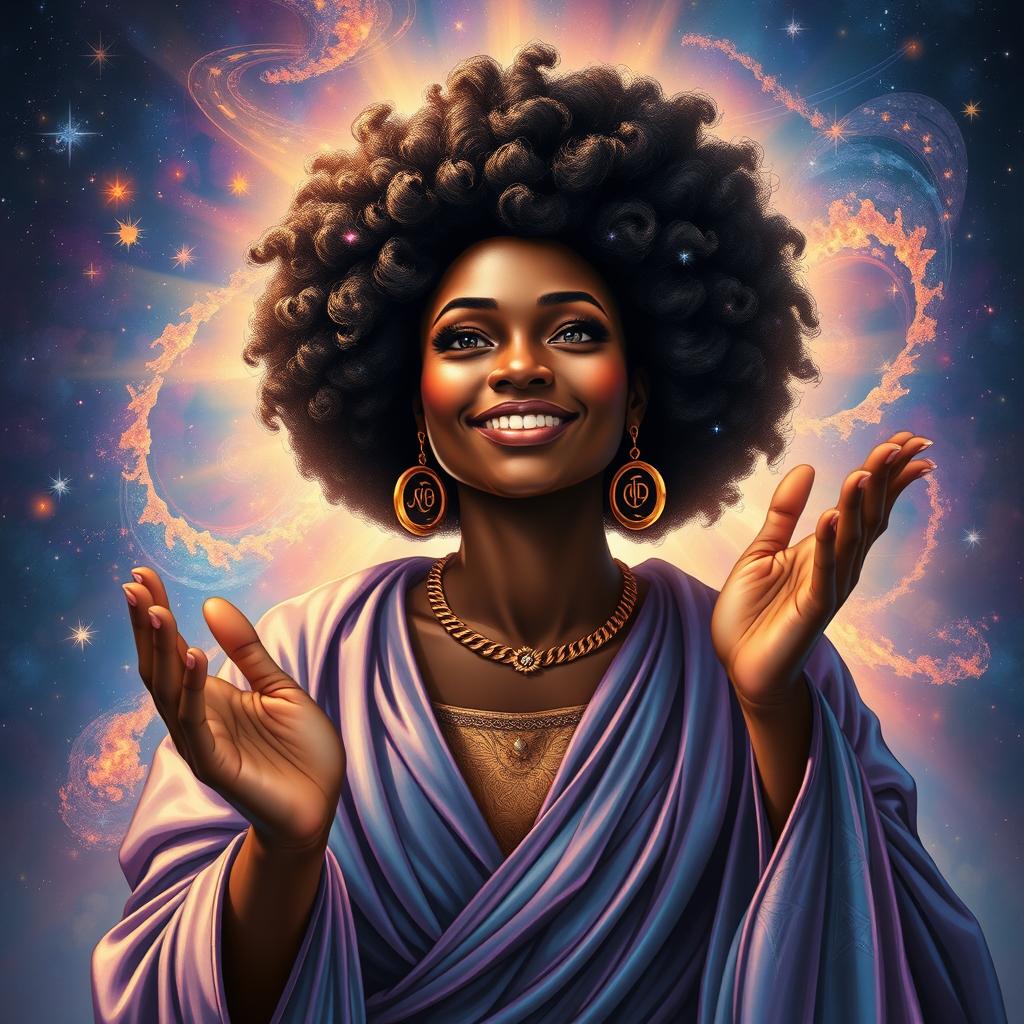 A powerful and divine portrayal of God depicted as a black woman, radiating compassion and strength