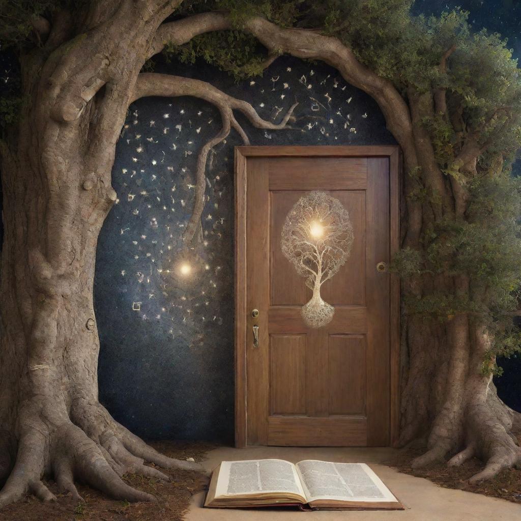 Symbols representing knowledge, ideas and mysteries of life, including ancient books, ethereal thought bubbles, question marks, a labyrinth symbolizing life's mysteries, and an ever-growing tree of wisdom, embedded within the cosmic hallway behind the open door.