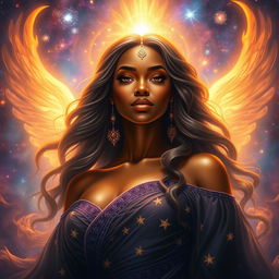 A striking portrayal of a black woman embodying the essence of divinity, with an aura of allure and power