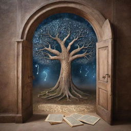 Symbols representing knowledge, ideas and mysteries of life, including ancient books, ethereal thought bubbles, question marks, a labyrinth symbolizing life's mysteries, and an ever-growing tree of wisdom, embedded within the cosmic hallway behind the open door.