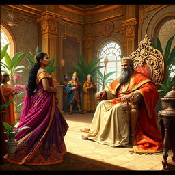 The Queen of Sheba meeting King Solomon in a grand ancient palace