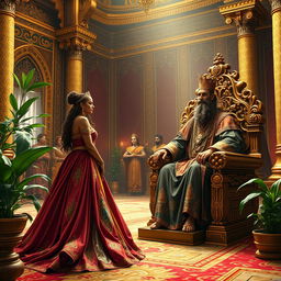 The Queen of Sheba meeting King Solomon in a grand ancient palace