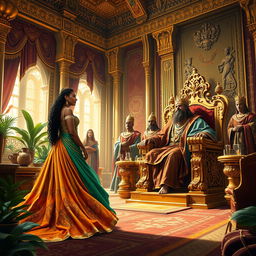 The Queen of Sheba meeting King Solomon in a grand ancient palace