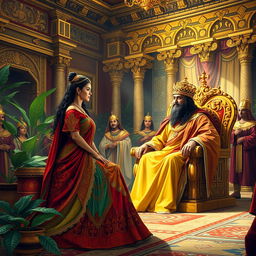 The Queen of Sheba meeting King Solomon in a grand ancient palace