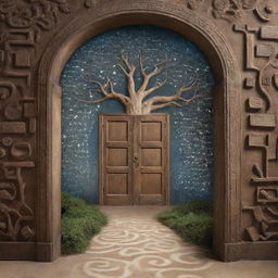 Symbols representing knowledge, ideas and mysteries of life, including ancient books, ethereal thought bubbles, question marks, a labyrinth symbolizing life's mysteries, and an ever-growing tree of wisdom, embedded within the cosmic hallway behind the open door.