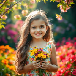 A portrait of a girl with long wavy hair, wearing a colorful summer dress adorned with floral patterns