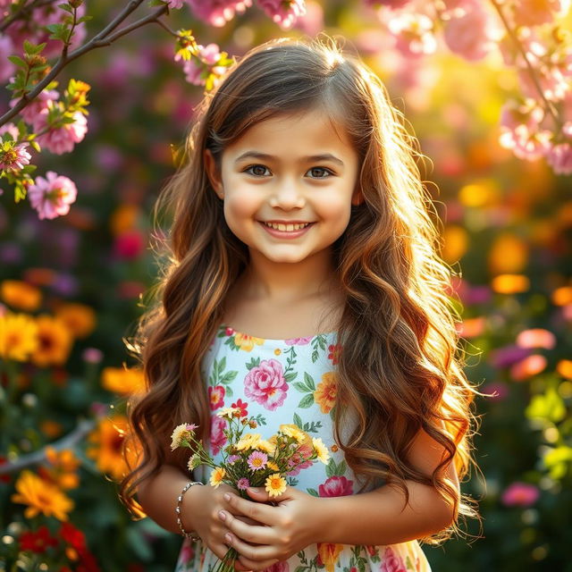 A portrait of a girl with long wavy hair, wearing a colorful summer dress adorned with floral patterns