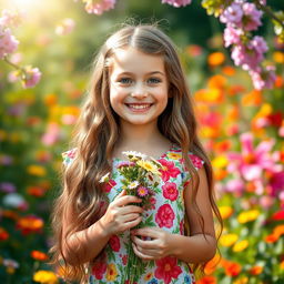 A portrait of a girl with long wavy hair, wearing a colorful summer dress adorned with floral patterns