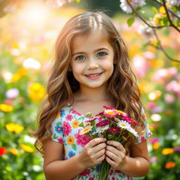 A portrait of a girl with long wavy hair, wearing a colorful summer dress adorned with floral patterns