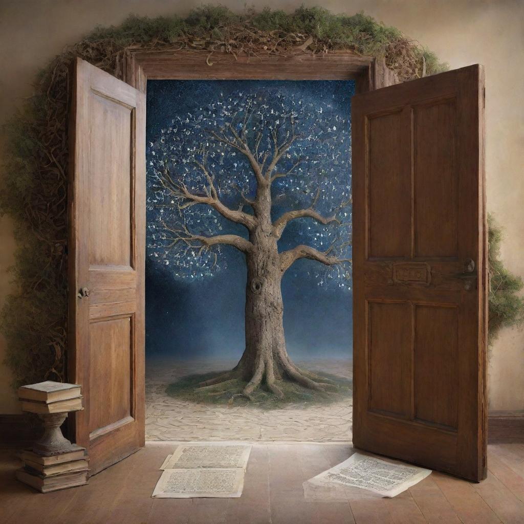 Symbols representing knowledge, ideas and mysteries of life, including ancient books, ethereal thought bubbles, question marks, a labyrinth symbolizing life's mysteries, and an ever-growing tree of wisdom, embedded within the cosmic hallway behind the open door.