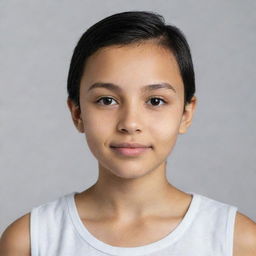 Portrait of a light-skinned girl aged between 11 and 13 years old with short, straight black hair