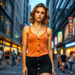 A fashionable young woman wearing a mini short black skirt combined with a low cut sleeveless button-down tank top