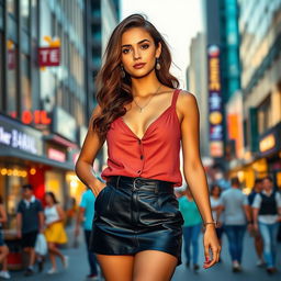 A fashionable young woman wearing a mini short black skirt combined with a low cut sleeveless button-down tank top