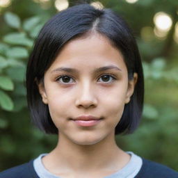 Portrait of a light-skinned girl aged between 11 and 13 years old with short, straight black hair