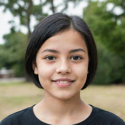 Portrait of a light-skinned girl aged between 11 and 13 years old with short, straight black hair