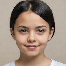 Portrait of a light-skinned girl aged between 11 and 13 years old with short, straight black hair