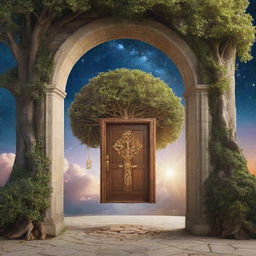 A grand door floating in the sky, unlocked by a golden key symbolising philosophy, opening to reveal symbols of knowledge, ideas, and life's mysteries - books, thought bubbles, question marks, labyrinth, and wisdom tree, nestled within a cosmic hallway.