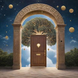 A grand door floating in the sky, unlocked by a golden key symbolising philosophy, opening to reveal symbols of knowledge, ideas, and life's mysteries - books, thought bubbles, question marks, labyrinth, and wisdom tree, nestled within a cosmic hallway.