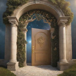 A grand door floating in the sky, unlocked by a golden key symbolising philosophy, opening to reveal symbols of knowledge, ideas, and life's mysteries - books, thought bubbles, question marks, labyrinth, and wisdom tree, nestled within a cosmic hallway.