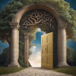 A grand door floating in the sky, unlocked by a golden key symbolising philosophy, opening to reveal symbols of knowledge, ideas, and life's mysteries - books, thought bubbles, question marks, labyrinth, and wisdom tree, nestled within a cosmic hallway.