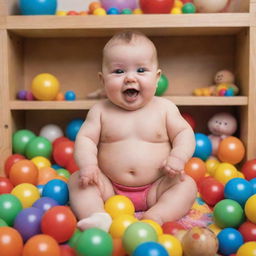 A chubby, happy baby playing in a safe and colorful environment full of toys.