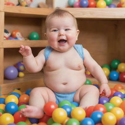 A chubby, happy baby playing in a safe and colorful environment full of toys.