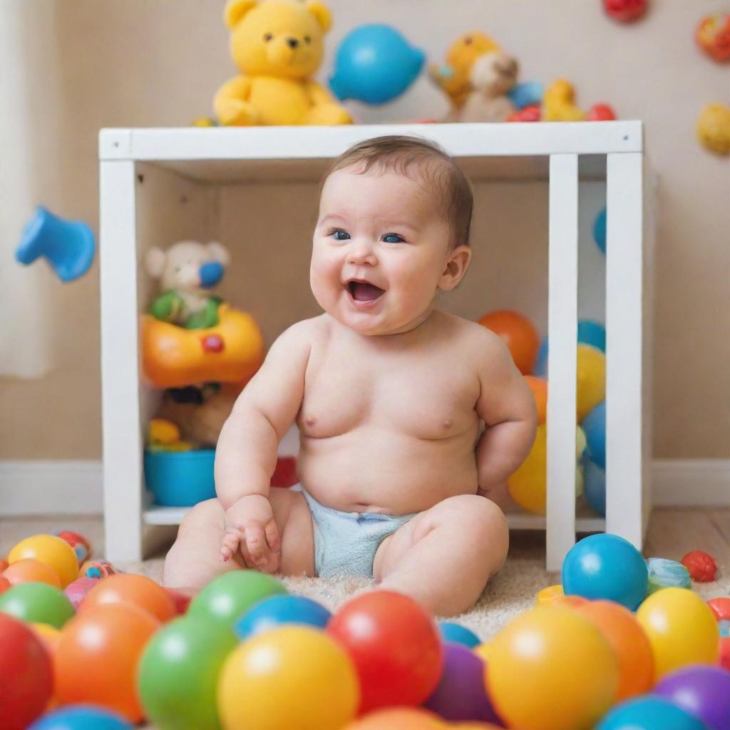 A chubby, happy baby playing in a safe and colorful environment full of toys.