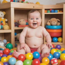 A chubby, happy baby playing in a safe and colorful environment full of toys.