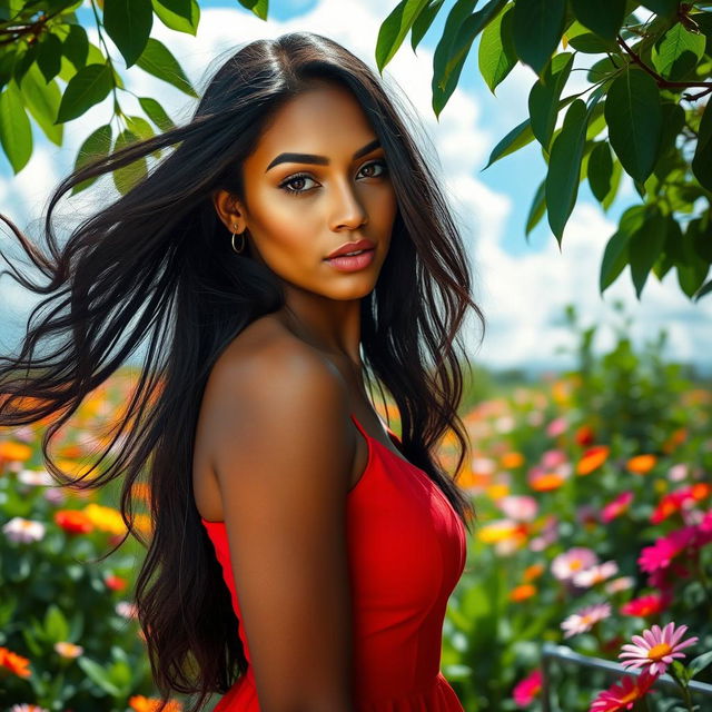 A stunning portrait of a woman with long flowing black hair, wearing a vibrant red dress that contrasts beautifully with her warm caramel skin