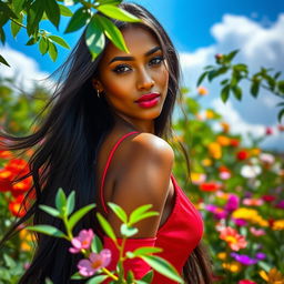 A stunning portrait of a woman with long flowing black hair, wearing a vibrant red dress that contrasts beautifully with her warm caramel skin