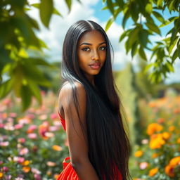 A stunning portrait of a woman with long flowing black hair, wearing a vibrant red dress that contrasts beautifully with her warm caramel skin