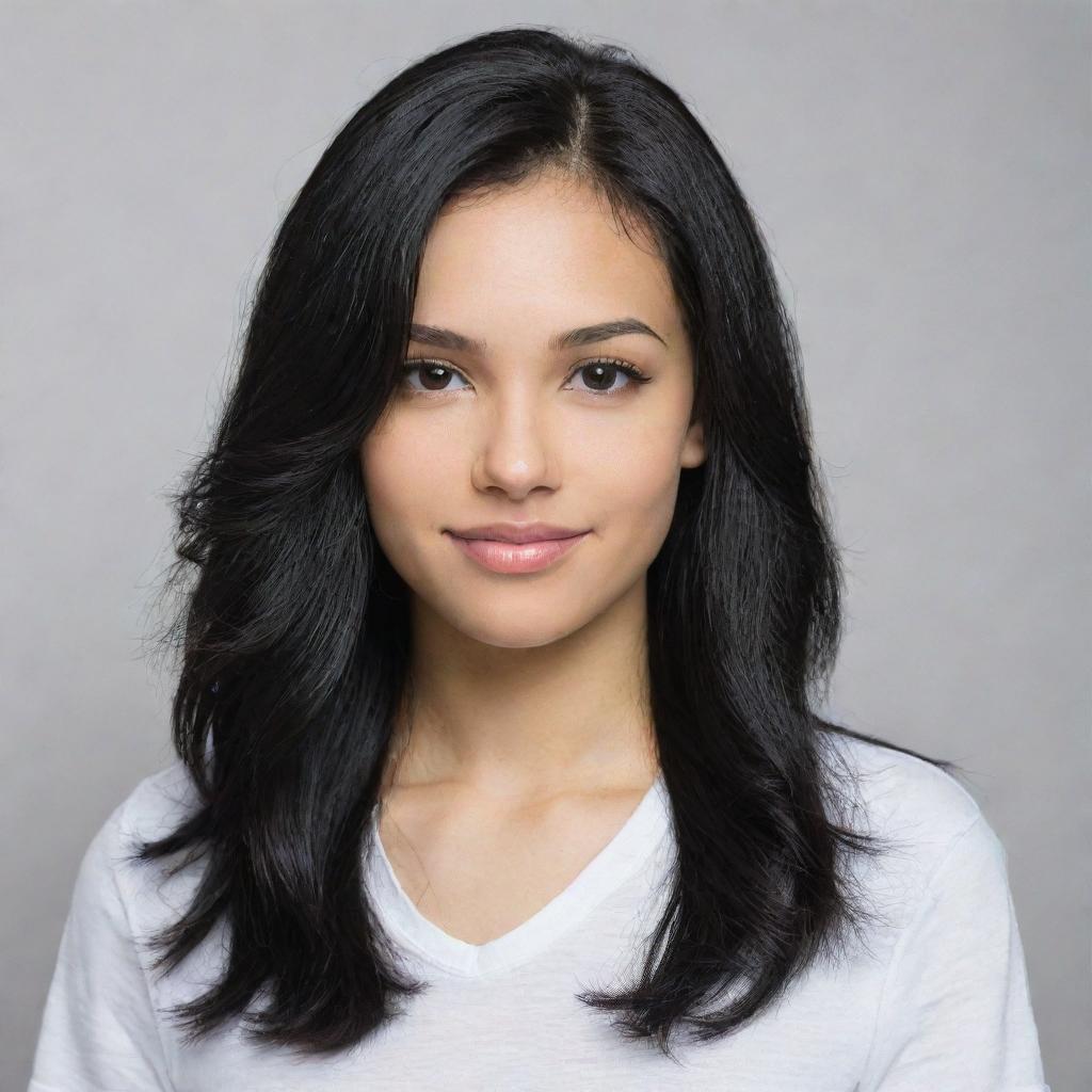 Updated portrait of the same light-skinned girl now with longer, dynamic looking black hair