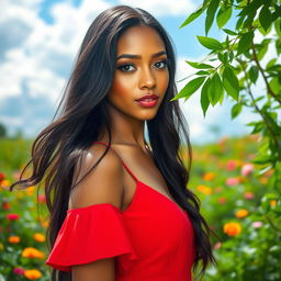 A stunning portrait of a woman with long flowing black hair, wearing a vibrant red dress that contrasts beautifully with her warm caramel skin