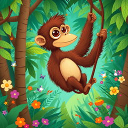 A whimsical and vibrant illustration of Buster, a Bus-Eyed Ape, featured in a lush jungle environment