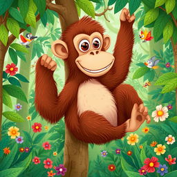 A whimsical and vibrant illustration of Buster, a Bus-Eyed Ape, featured in a lush jungle environment