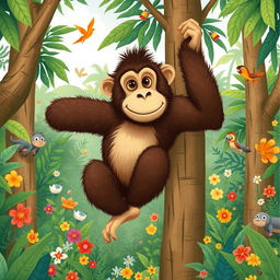 A whimsical and vibrant illustration of Buster, a Bus-Eyed Ape, featured in a lush jungle environment