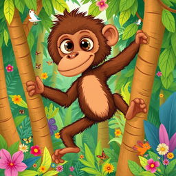 A whimsical and vibrant illustration of Buster, a Bus-Eyed Ape, featured in a lush jungle environment