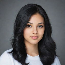 Updated portrait of the same light-skinned girl now with longer, dynamic looking black hair