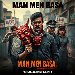 A cinematic action crime film poster titled 'MAN MEN BASA', showcasing a determined Indian man at the forefront holding a striking Indian devil mask, symbolizing his protest against rape