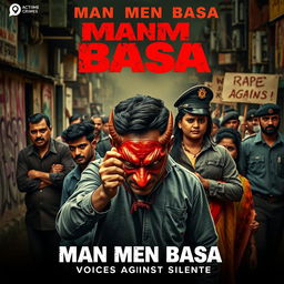 A cinematic action crime film poster titled 'MAN MEN BASA', showcasing a determined Indian man at the forefront holding a striking Indian devil mask, symbolizing his protest against rape