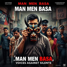 A cinematic action crime film poster titled 'MAN MEN BASA', showcasing a determined Indian man at the forefront holding a striking Indian devil mask, symbolizing his protest against rape