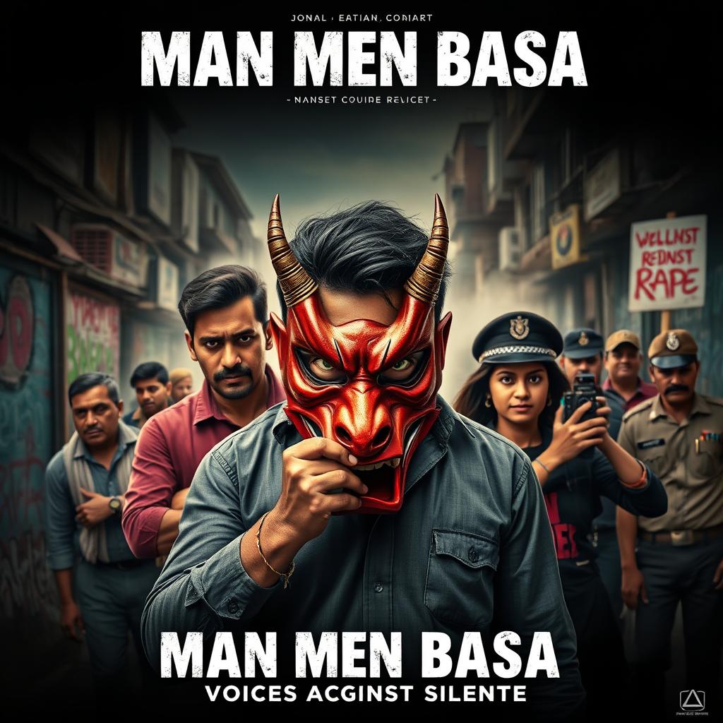 A cinematic action crime film poster titled 'MAN MEN BASA', showcasing a determined Indian man at the forefront holding a striking Indian devil mask, symbolizing his protest against rape