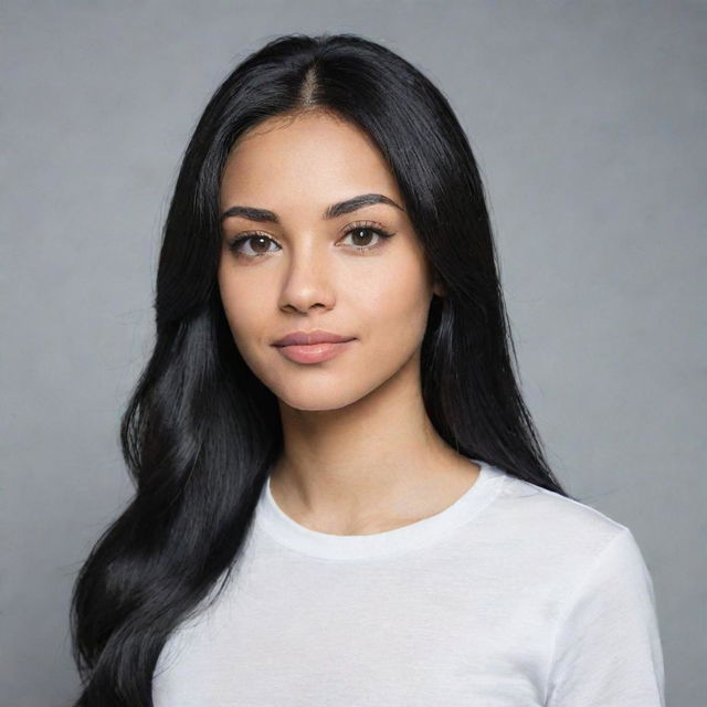 Updated portrait of the same light-skinned girl now with longer, dynamic looking black hair