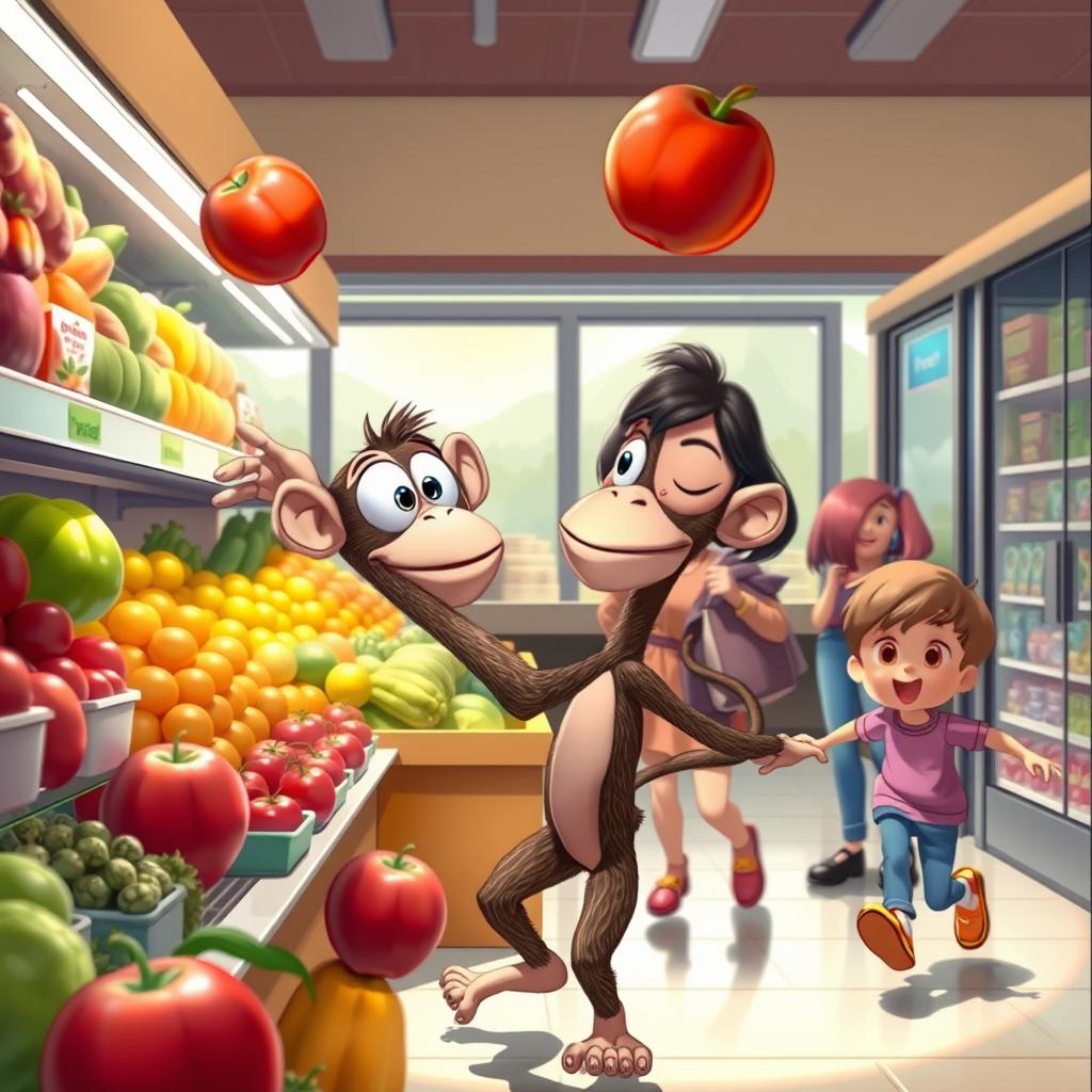 A whimsical scene at a grocery store depicting Buster, a Bus-Eyed Ape, with large, expressive eyes on the sides of his head and a long, skinny neck