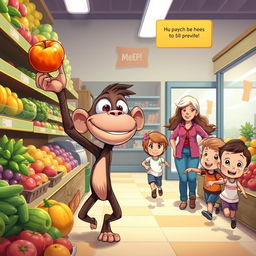 A whimsical scene at a grocery store depicting Buster, a Bus-Eyed Ape, with large, expressive eyes on the sides of his head and a long, skinny neck