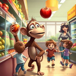 A whimsical scene at a grocery store depicting Buster, a Bus-Eyed Ape, with large, expressive eyes on the sides of his head and a long, skinny neck