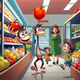 A whimsical scene at a grocery store depicting Buster, a Bus-Eyed Ape, with large, expressive eyes on the sides of his head and a long, skinny neck