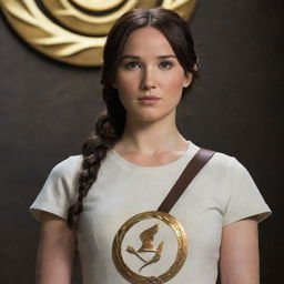 A brunette character symbolizing Panem, standing dedicatedly with a determined expression, holding a symbol that signifies unity.