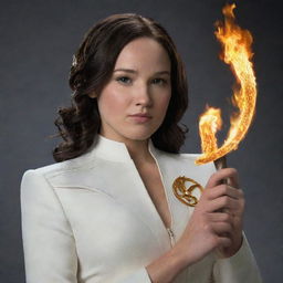 A brunette character symbolizing Panem, standing dedicatedly with a determined expression, holding a symbol that signifies unity.